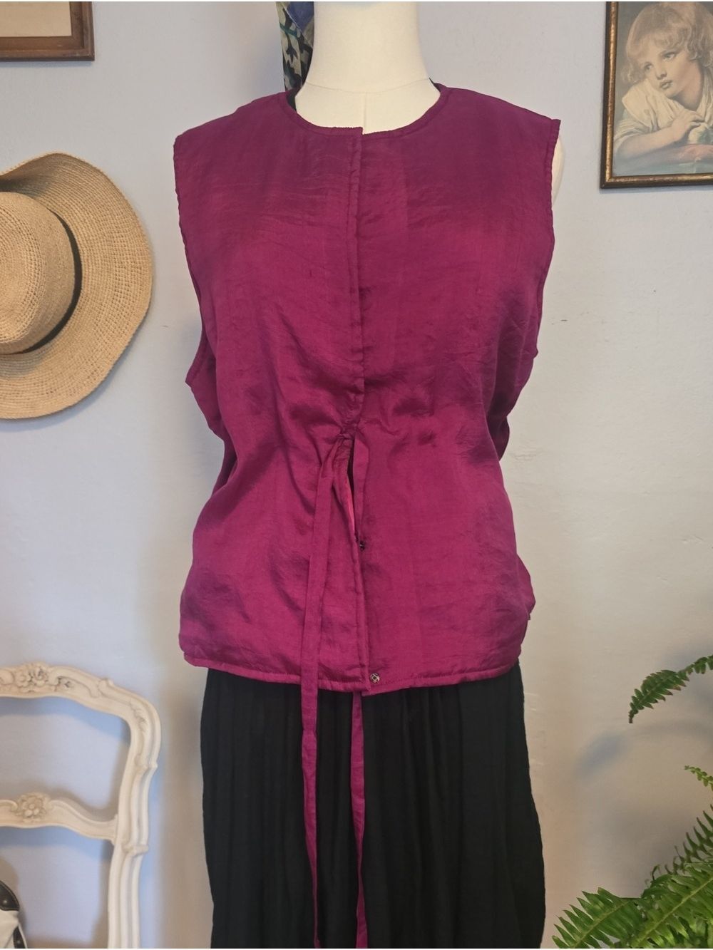 Designer Sleeveless Handloomed Silk Drawstring Top in Magenta